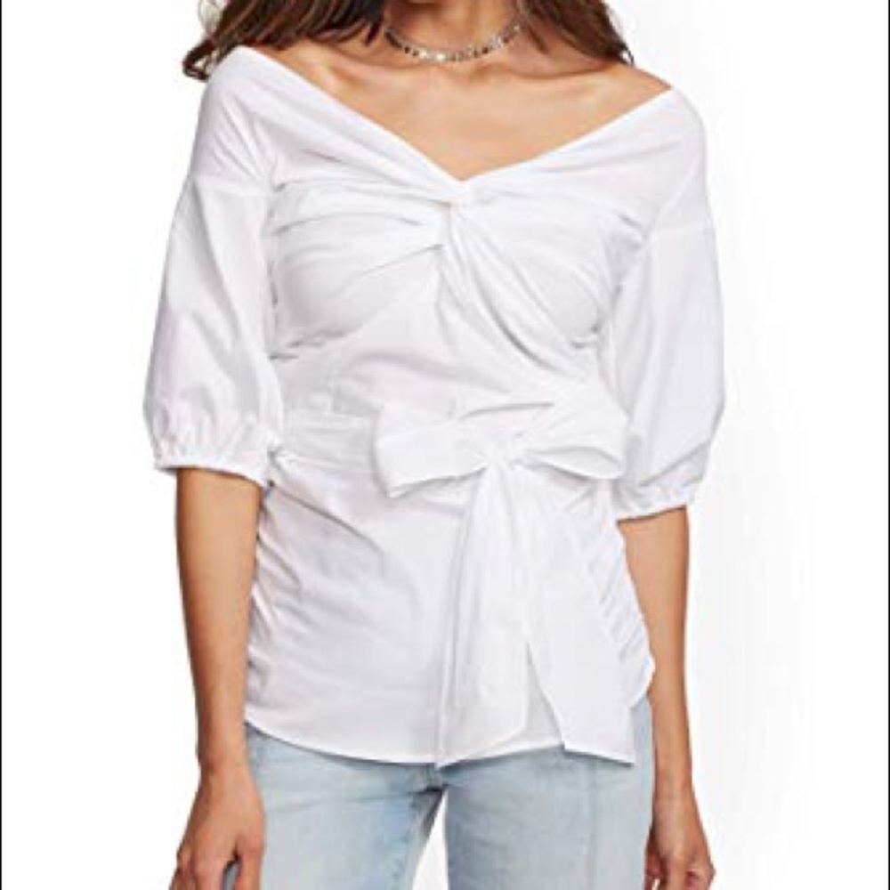 Off the shoulder white puffy poplin blouse